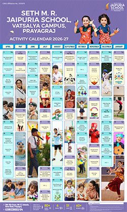 School activity calendar 2026–27 for Seth M.R. Jaipuria School; grid of monthly events with photos of children and activities.